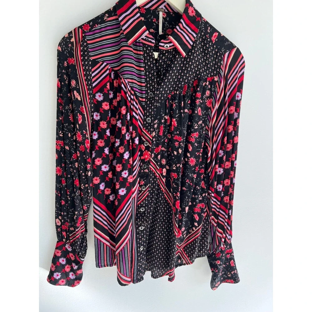 Free People Hazel Buttondown Black Combo Floral Stripe‎ Blouse XS Boho Top